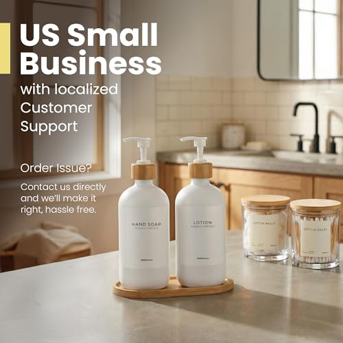 MaisoNovo Glass Soap Dispenser Bathroom Set of 2-16.9 oz Bathroom Soap Dispenser Set - White Glass Bottles x 2 with White Bamboo Pumps & Tray - color: White Bottles/ White Bamboo Pumps