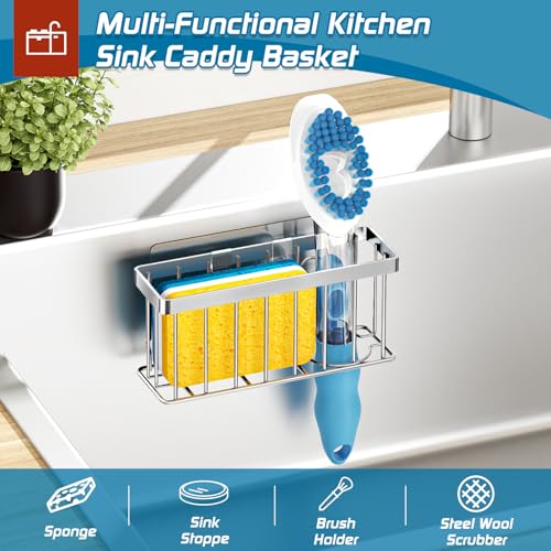 MURLONG Sponge Holder for Kitchen Sink,Sink Caddy Organizer with Suction Cups/Adhesive Strips,Dish Sponge Holder Design for Sponges,Scrubber,Stoppers-Silver - color: Silver
