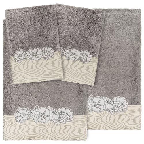 Seaside 4-Piece Luxury Towel Set, Sparkling Seashell Applique, Plush Turkish Cotton, Durable & Quick Dry, Nautical Bath Ensemble, 2 Bath 2 Hand Towels, Charcoal - color: Charcoal, size: 2 Pcs Bath 2 Pcs Hand Towel