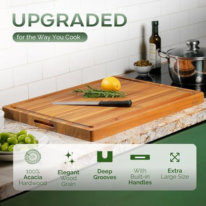 Howizz Acacia Wood Large Cutting Board, Thick Edge Grain Solid Wood Butcher Block For Kitchen, Non Toxic Pre-Oiled Carving Tray w/Juice Grooves and Easy Grip Handle, 24"x18" Thick 1.5" Gift-Ready Box - color: Upgraded Edge Grain, size: 24"L x 18"W