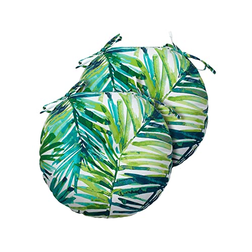 Magpie Fabrics 15" Round Bistro Seat Cushions with Ties, Set of 2, Waterproof All Weather Tufted 4" Thick Patio Chair Pads for Home Garden Dining Metal Stool - Green Palm Leaves - color: A Green Palm Leaves
