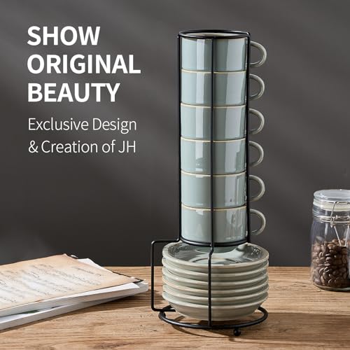 JIEMEI HOME Porcelain Stackable Espresso Cups with Saucers and Metal Stand, 4 Ounce Demitasse Cups for Latte, Cafe Mocha, Tea - Set of 6, Reactive Glaze, Wild Sage Earth Speckle - color: Wild Sage Earth Speckle