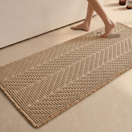 Sunfly Bathroom Runner Rug,Boho Herringbone Waffle Bath Mat Non-Slip Washable Super Absorbent Quick Dry, Farmhouse Bath Mat for Bathroom Floor Decor 24"x60" Khaki - color: Akhaki, size: 2' x 5' (Rectangular)