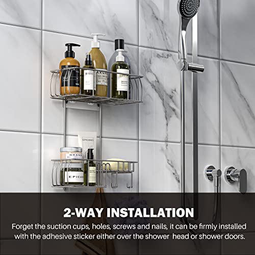 Epicano Shower Caddy Hanging Over Head, Chrome,Stainless Steel | Rustproof,4 Hooks for Towels,Sponge and & Bathroom Accessories,Anti-Swing Suction Cups & Adhesive hooks - color: Silver