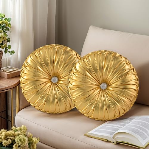 HIG Set of 2 Gold Metallic Leather Decorative Round Pleated Throw Pillows | Vintage Floor Pillows, Classy Accent Pumpkin with Center Button, for Sofa Couch Vanity Chair Bed, 14.5" Diameter - color: Gold