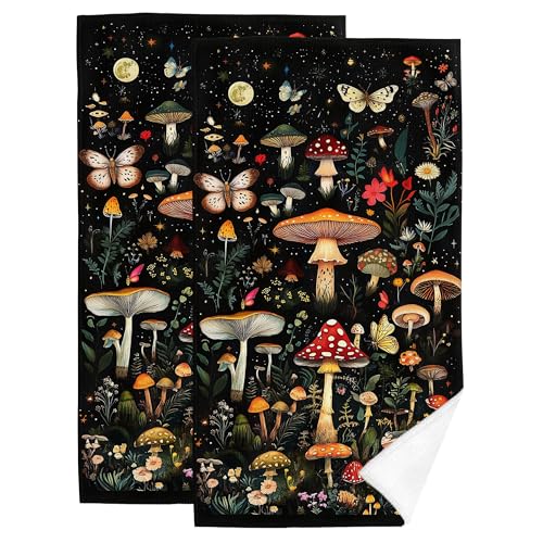 Black Mushroom Moth Bathroom Hand Towels Decorative Set of 2, Absorbent Witchy Bath Hand Towels for Bathroom Home Farmhouse Hotel Spa Gym Yoga Mushroom Gifts for Women 14"x28" - color: Mushroom Moth