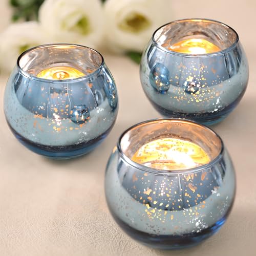 Volens 24PCS Blue Votive Candle Holder Bulk, Round Mercury Glass Votives | Blue Centerpiece Table Decorations for Wedding, Birthday, Party, Bridal Shower and Home Decor - color: Blue, size: 24 PACK