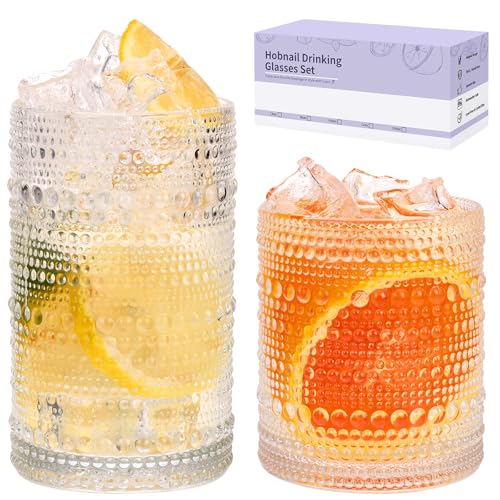 Moretoes 2pcs Hobnail Drinking Glasses,Vintage Glass Cups Set | 12 Oz Highball Glasses & 10 Oz Cocktail Glasses, Clear Embossed Tumbler Glassware Set for Whiskey, Beer, Juice, Milk - color: Clear, size: 2pcs