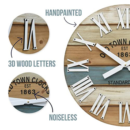 30" Wooden Multi-Color Maritime Coastal Beach Large Roman Wall Clock (Blue, 30 inch) - color: Roman Blue, size: 30 inch