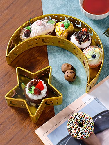 2PCS Ramadan Serving Trays Decorations for Home - Moon Star Shaped Eid Mubarak Table Decor Gifts, Islam Muslim Al-Fitr Iftar Party Crescent Iron Platters Dishes(Moon/Star Pattern) - style: Moon Star