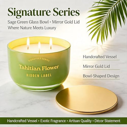 Hidden Label Tahitian Flower Candle, 18oz 3 Wick, 70H Tropical | Sage Green Glass Bowl | Mirror Gold Lid | Exotic Floral Scent | Non Toxic Soy Wax - color: Tahitian Flower