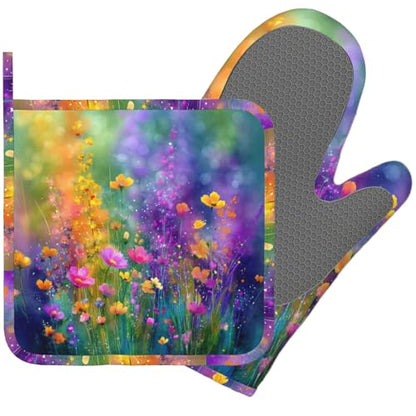 Wild Lavender Oven Mitts and Pot Holders Sets Silicone Heat Resistant Kitchen Oven Gloves Pot Holder for Cooking Baking Grilling BBQ - color: Wild Lavender