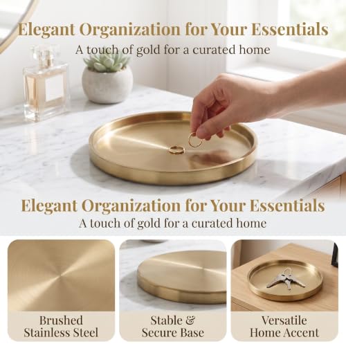 Kichvoe 2pcs Small Gold Key Holder Bowl for Entryway Table, Stainless Steel Ring Holder Tray with Dedicated Sections for Keys and Jewelry, Polished Surface, Minimalist Modern Decorative