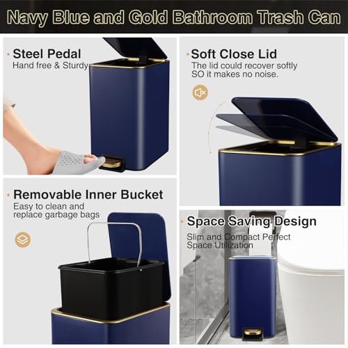 Bathroom Sets with Shower Curtain and Rugs Bathroom Accessories Set Navy Blue Bathroom Set,Soap Dispenser & Toilet Brush Holder Set with Stainless Steel Trash Can(23 PCS) - size: Navy Blue, style: Bath Set+Ombre Waffle Shower Curtain+Bath Rugs