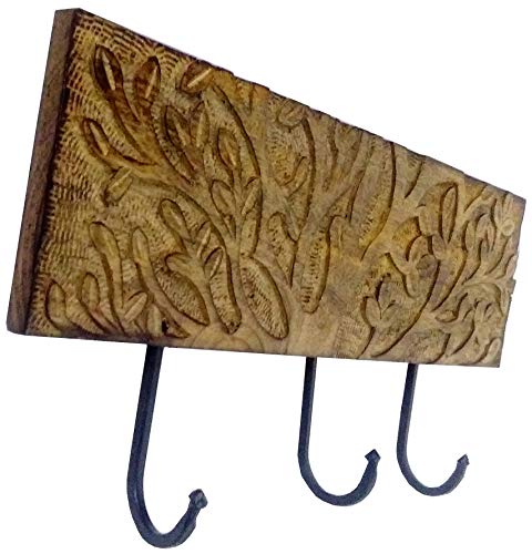 Purpledip Wooden Wall Hanger for Coat, Clothes or Keys 'Glimpse of the Garden' 3 Hooks Wall Decor (11879)