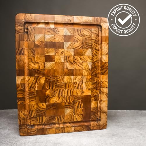 Premium End Grain Wood Cutting Board 16x12 – Large Reversible Butcher Block with Juice Groove, Side Handles, Smooth Corners, christmas,new year, thanksgiving