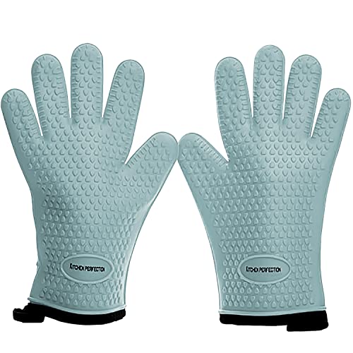KITCHEN PERFECTION XL Silicone Smoker BBQ Gloves -Heat Resistant Oven Mitts | Waterproof, 5-Finger Design For A Better Grip, for Pitmasters, Meat Smoking, Grilling, Cooking, Frying Turkey | Grill Gift - color: Ice Blue, size: X-Large