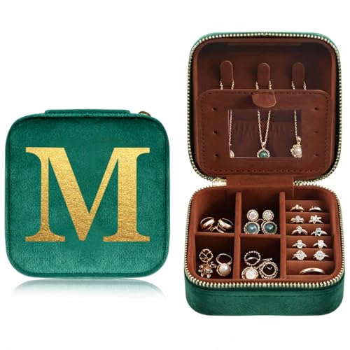 Personalized Jewelry Box Travel Jewelry Case For Women Vintage Green Plush Velvet Gifts For Family Member Friends For Carrying During Short Trips Business Trips Travel Essentials Letter M - color: M