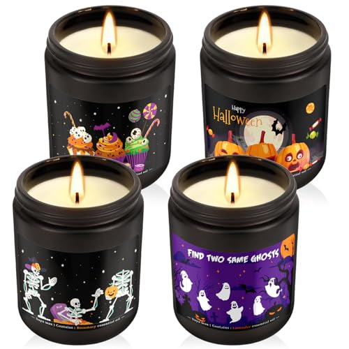 Halloween Scented Candles Set, 4 Pack (7oz Each) Soy Wax Candles with Pumpkin, Ghost, Skeleton Designs, Perfect for Halloween Decor, Gifts and Aromatherapy. - color: 01Black