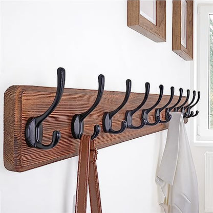 SKOLOO Rustic Wall Mounted Coat Rack, Case of 2, Pine Solid Wood Coat Hook Hanger - 10 Hooks for Hanging Clothes Robes Towels Coats - color: Brown Plate & Black Hook, size: 2 Item-10 Hooks