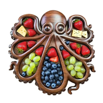 Octopus Charcuterie Board,15.5" x 13.8" Wooden Serving Tray Platter with Tentacle Design for Cheese Fruit Bread,Food Dish Serving Dishes,House Warming Gifts New Home,7 Compartments
