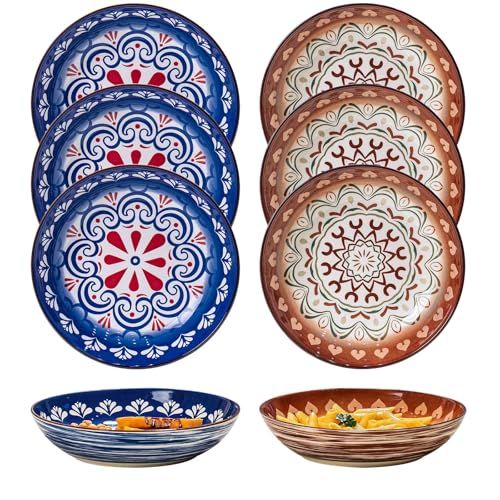 Yeacccng Bohemian Pasta Bowls Set of 6, 8.5 Inch 35 oz Ceramic Serving Bowls, Large Salad Bowl Bowls, Lead-Free, Dishwasher Microwave Oven Safe, Brown Blue Kitchen Decor - size: 8.5 inch pasta bowl (Brown*3 + Blue*3)