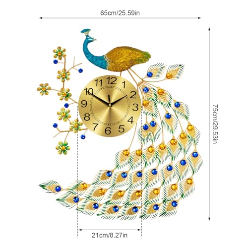 Large Peacock Wall Clock, 29.5" Luxury 3D Wall Clock Non-Ticking Silent Gold Metal Decorative Wall Clock Art Digital Wall Decor for Living Room Bedroom Office - size: 25.59*29.53in