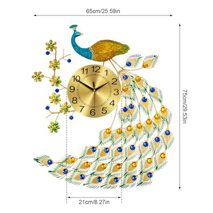 Large Peacock Wall Clock, 29.5" Luxury 3D Wall Clock Non-Ticking Silent Gold Metal Decorative Wall Clock Art Digital Wall Decor for Living Room Bedroom Office - size: 25.59*29.53in
