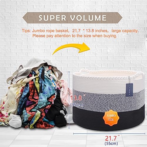 COMSE XXXLarge Woven Blanket & Laundry Basket, 87L, White &Gray &Black | 21.7"x 13.8", Cotton Rope, Nursery Hamper for Storage of Toys, Clothes & Towels, Ideal for Living Rooms, Bedrooms & Bathrooms - color: White & Gray & Black
