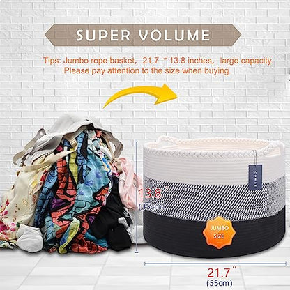 COMSE XXXLarge Woven Blanket & Laundry Basket, 87L, White &Gray &Black | 21.7"x 13.8", Cotton Rope, Nursery Hamper for Storage of Toys, Clothes & Towels, Ideal for Living Rooms, Bedrooms & Bathrooms - color: White & Gray & Black