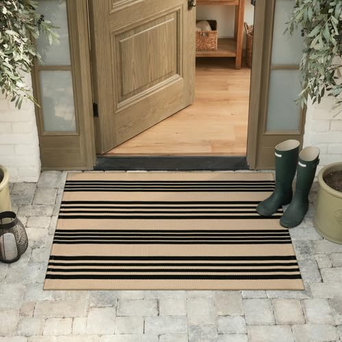 KIMODE Outdoor Rug Front Door Mat Fall Porch Rug Doormat Entrance Decor | Striped, Black and Khaki,27.5"x43", Farmhouse,Reversible Washable,,Hand Woven Cotton,Welcome Layered Doormat Entryway Rug - color: Black and Khaki Stripes, size: 2'4" x 3'7" (Rectan