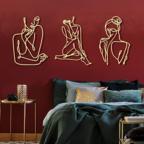 Photect 3 Pcs Metal Wall Art Decor Minimalist Abstract Woman Wall Art Metal Modern Line Drawing Decor Female Single Line Home Hanging for Bedroom Bathroom Living Room Housewarming(Elegant,Gold) - color: Gold (Elegant), style: Elegant