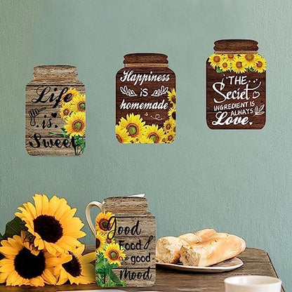4 Pieces Kitchen Wall Decor Mason Jar Set, Wooden Kitchen Dining Room | Signs Country Wall Art Farmhouse Tiered Tray Decor 7.1*4.7Inch (Sunflower)