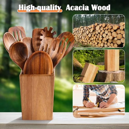 Wooden Spoons for Cooking, 11 Pcs Wood Cooking Utensils Set with Holder, Natural Acacia Wooden Kitchen Tools, Nonstick Cookware, Easy Clean, Kitchen Utensil Set for Mom, Wife Cooking Gifts - style: 11Pcs Set
