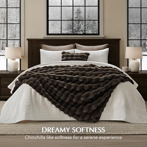 Faux Rabbit Fur Bubble Throw Blanket, 50"x60", Dark Brown | Ultra Soft, Luxury Faux Rabbit Fur Throw, Thick Warm Bubble Blanket, Cozy Fluffy Reversible, for Bed, Couch, Chair, Sofa - color: Dark Brown, size: 50"x60"