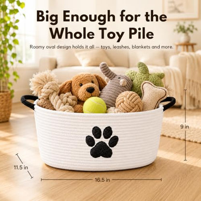 Dog Toy Basket with Handles, Cotton Rope Storage Bin Organizer for Pets | Holds toys, blankets, leashes & dog stuff. Machine washable, collapsible, free-standing woven bin with embroidered paw. - color: White/Black