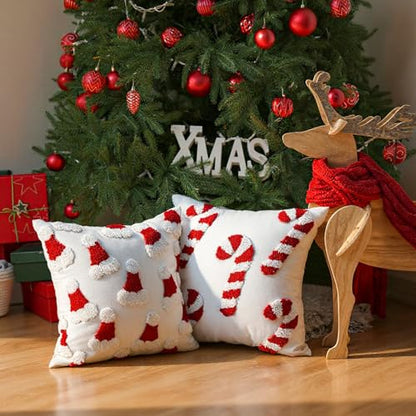 Fourluoo Christmas Trees Pillow Covers 18x18 Inch Double Sided Foil Plush White Red Green Soft Plush Faux Fur Christmas Throw Cushion Case for Sofa Living Room (4 Pcs, Candy Can, 18"×18") - style: Candy Can