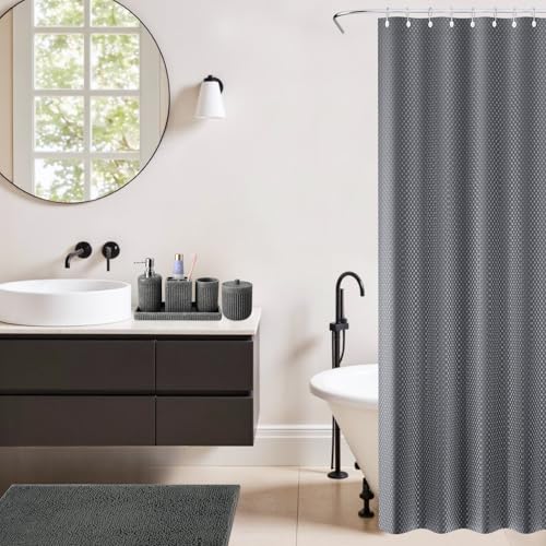 XLHOMO 8-Piece Grey Bathroom Sets with Shower Curtain and Rugs, Resin Bathroom Accessories Sets Complete with Soap Dispenser, Toothbrush Holder, Tumbler & Apothecary Jars Bathroom Essentials - color: Grey, size: Resin Bath Set Complete