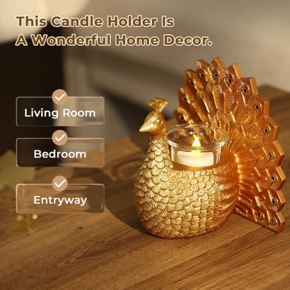 Peacock Tealight Candle Holder, Home Decor Gifts for Women Mom Grandma | with Flameless Candle, Decorative Votive Candle Holder for Table Decor, House Warming Gifts New Home, Christmas Birthday Gift