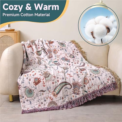 100% Cotton Boho Throw Blanket for Bed White Flowers 90"x98" | 4-Layer Gauze Breathable Double-sided Muslin Blanket,Soft Lightweight All Season Quilt with Fringe,Multi-purpose Blanket - color: Cashews, size: 90"x98"