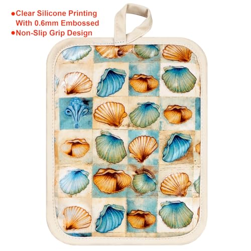 Pot Holders Set of 2 Heat Resistant 480 ℉Non Slip Clear Silicone Printed Comfortable Cotton Lining Kitchen Women Men Cooking Baking Microwave Machine Washable (Shell, Beige potholders) - color: Shell, Beige Potholders