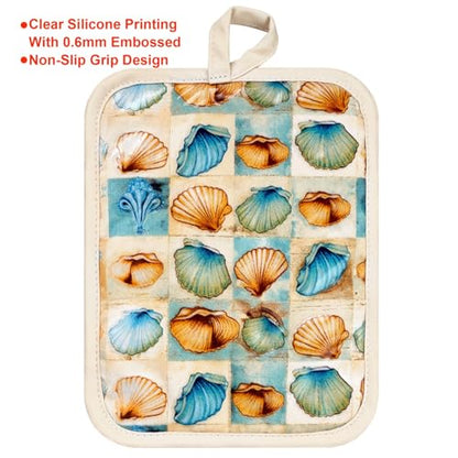Pot Holders Set of 2 Heat Resistant 480 ℉Non Slip Clear Silicone Printed Comfortable Cotton Lining Kitchen Women Men Cooking Baking Microwave Machine Washable (Shell, Beige potholders) - color: Shell, Beige Potholders