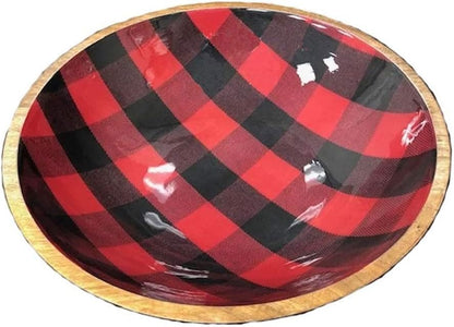 Buffalo Plaid Wooden Serving Bowl, Decorative Red and Black Checkered Pattern, Handcrafted Wood Salad Bowl with Rustic Design, Includes Matching Salad Servers, 14" diameter.
