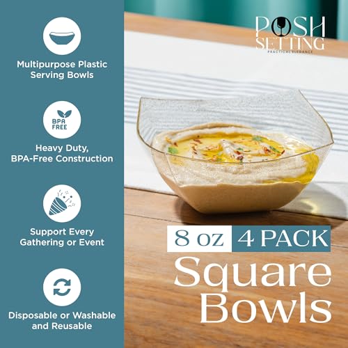4 Pack Disposable Gold Plastic Serving Bowls Square Party Candy Use 8oz | Square Design. Disposable Party Tableware. Salad, Fruit & Candy Use. Candy Buffet Containers. Gold Plastic. - color: GOLD GLITTER, size: 8 OUNCE