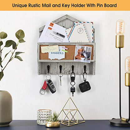 J JACKCUBE DESIGN Wall Mounted Rustic White Wash Mail and Key Holder, Wooden Floating Organizer with Mail Storage, 4 Key Holders and Pin Board for Entryway, Mud Room, Living Room, Office-MK623A