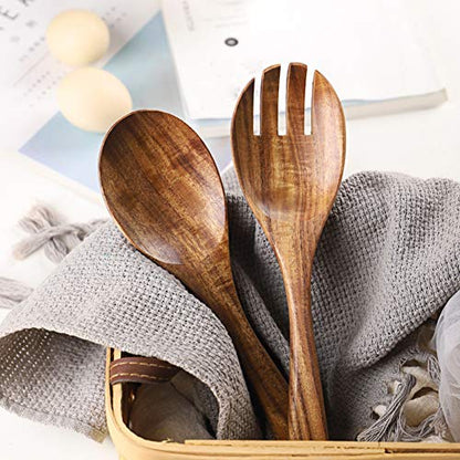 Wooden Salad Servers, 10.2" Acacia Wood Salad Fork & Spoon for Serving, Olive Wood Salad Serving Utensils Set of 2, Teak Salad Tongs for Kitchen