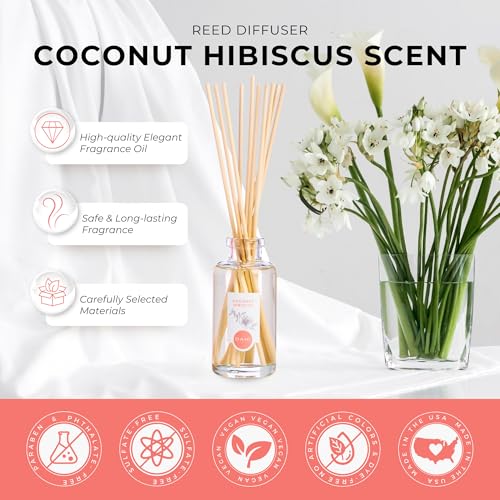 DANI Naturals Coconut Hibiscus Reed Diffuser Set, Vegan, 3 fl oz | Vegan,alcohol-free reed diffuser,Continuous fragrance with natural reeds,Tropical coconut hibiscus scent,Made in USA
