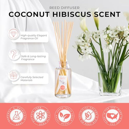DANI Naturals Coconut Hibiscus Reed Diffuser Set, Vegan, 3 fl oz | Vegan,alcohol-free reed diffuser,Continuous fragrance with natural reeds,Tropical coconut hibiscus scent,Made in USA