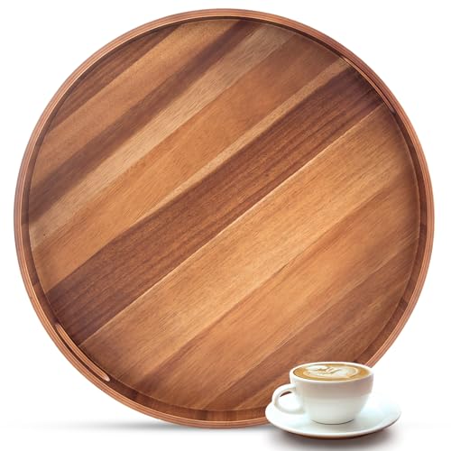 20 Inch Ottoman Coffee Table Tray with Handles, Large Round Wooden Serving Tray, Big Decorative Kitchen Organizer Giant Sofa Storage Trays Huge Counter Serveware - color: 20" Wood Tray
