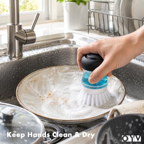 OYV Soap Dispensing Palm Brush, 1-Pack Dish Scrub Brush, Black/Clear/White | Dish Brush with Soap Dispenser, Non-Scratch Nylon Bristles, For Dishes, Pots, Pans And Sinks - color: Black/Clear/White